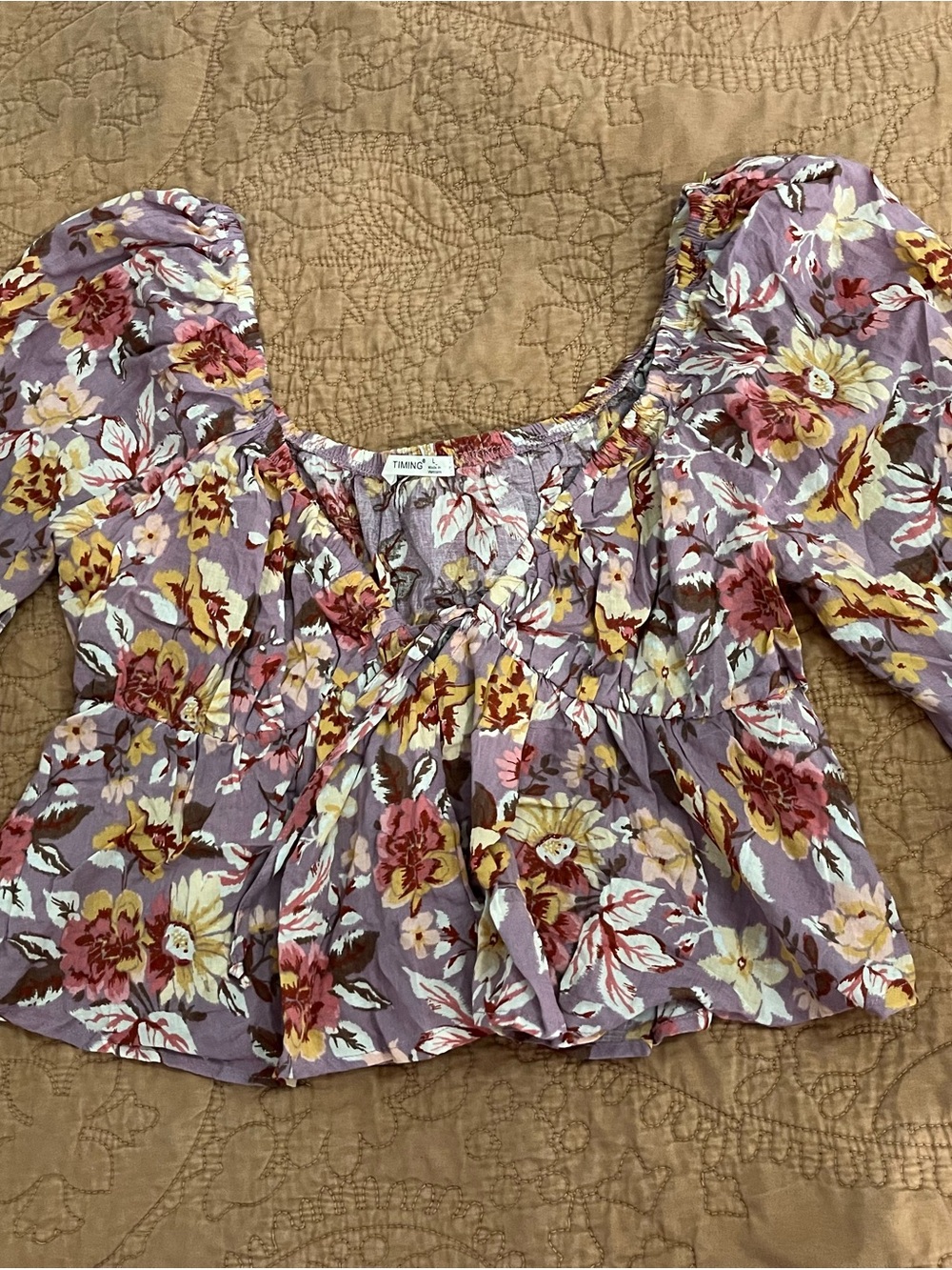 Floral Peasant Top in Lavender Crop Babydoll Peplum Y2K Tie Front Puff Sleeve - Picture 1 of 9
